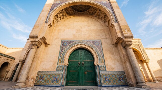 Ornate Islamic Arched Entrance with Traditional Green Door