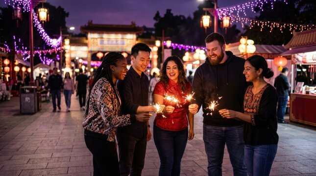 Celebration Sparklers: A group of friends holding sparklers enjoy a festive evening outdoors, illuminated by colorful lanterns and ambient lights.