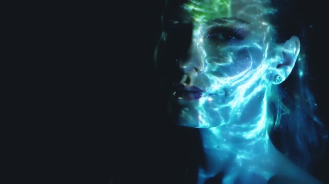 art fantasy portrait person meditating head close-up, sexy woman space fly stars galaxy light blue universe in thoughts mind, beautiful face mystery happy girl meditation calm. science of future 4k
