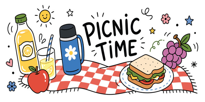 Outdoor picnic time food and refreshing drinks set.