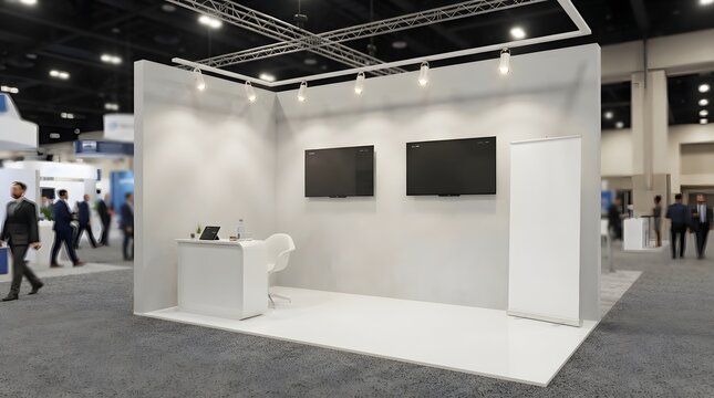 Empty exhibition booth with two screens and a reception desk in a convention center