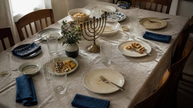 An empty dining room after celebration with extinguished candles, folded napkins and quiet morning light, tactile contextual close detail