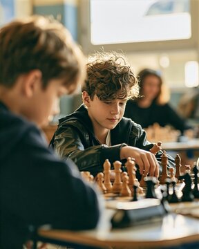 Students Beginning a Chess Game in a Sunlit Classroom