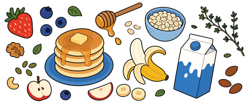 Delicious Breakfast Pancakes With Honey Milk And Fresh Berries.