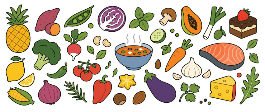 Healthy grocery food and cooking ingredients collection.
