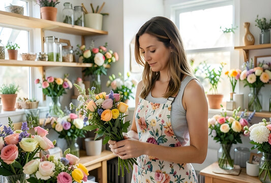 Small business entrepreneurship and floral design, florist arranging a bouquet of fresh flowers in a bright boutique shop for retail and gift delivery