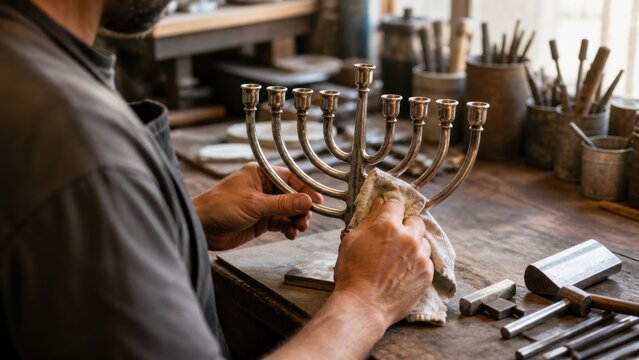 A metal artisan polishing a contemporary nine branched hanukkiah in a workshop, panoramic commercial banner view, for seasonal stock use