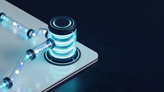 Isometric 3D render of glowing database server connected to translucent data pipeline with copy space