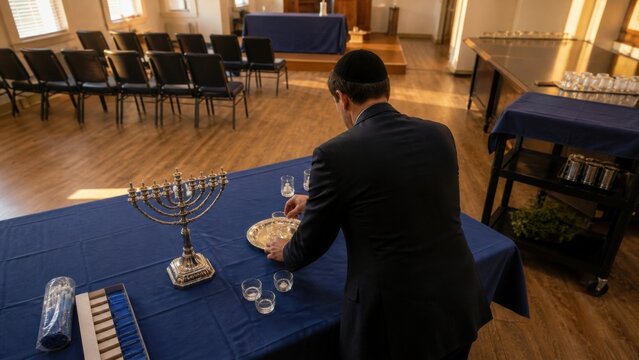 A rabbi seen from behind preparing a community room for a public candle lighting without readable signage, tactile contextual close detail