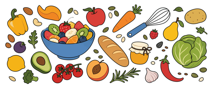 Assorted Cooking Ingredients Healthy Fruits And Fresh Vegetables Collection.