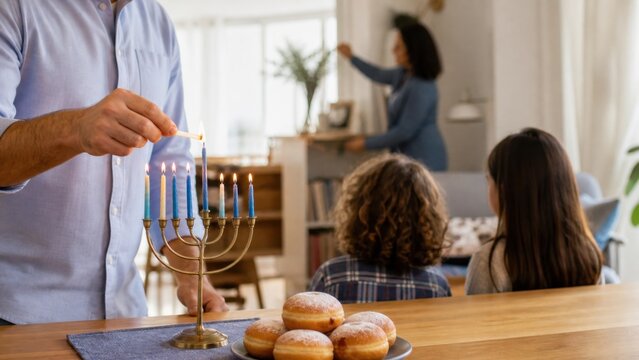 An adult lighting the shamash candle on an accurate hanukkiah while children watch from a safe distance, tactile contextual close detail