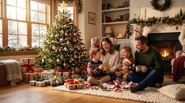 Happy family sitting on the floor opening gifts near a decorated Christmas tree in a cozy warm living room