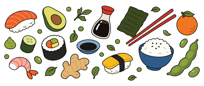 Japanese Cuisine Collection With Fresh Sushi Sashimi And Ingredients.