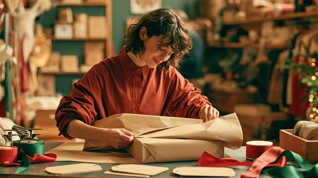 Boutique Clerk Wrapping a Gift in Kraft Paper