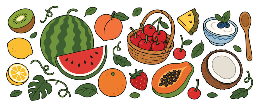Fresh Tropical Fruits Basket Watermelon Berry Kiwi Orange And Coconut Set.