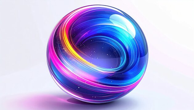 Glowing 3D abstract glass sphere with colorful light swirls