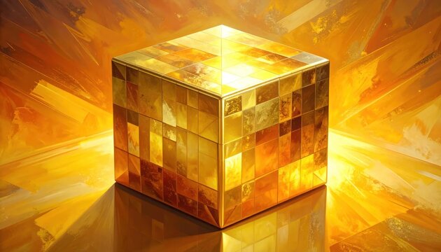Glowing golden mosaic cube on abstract radiant background