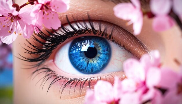 Macro close up of blue eye and cherry blossoms