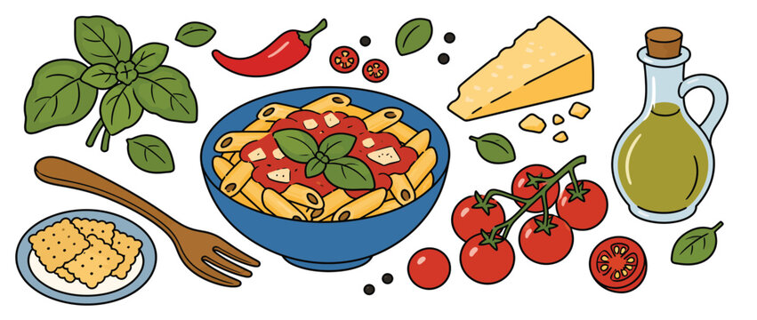 Italian Pasta Penne Tomato Sauce Parmesan Basil Olive Oil And Tomatoes.
