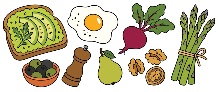 Healthy Avocado Toast Fried Egg Beetroot Asparagus Pear And Walnuts Set.