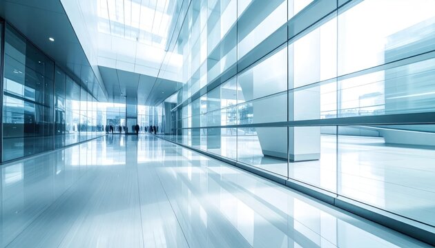 Bright modern glass architectural interior hallway with business people