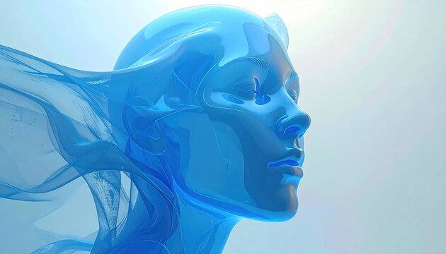 Abstract blue translucent human head with flowing liquid hair
