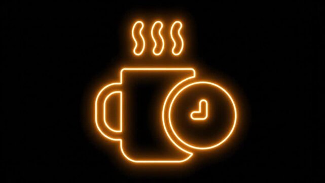 Neon coffee break icon glowing on black background, orange electric mug with clock symbol, luminous caffeine break concept for digital signage