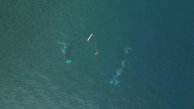 Scuba Divers Release Oxygen While Exploring Coral Amed Beach Bali Indonesia Drone Overhead 4K 60FPS