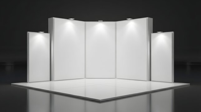 Empty white exhibition stand with spotlights and glossy floor for product display