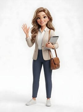 Friendly businesswoman waving hello with tablet and bag on a white background