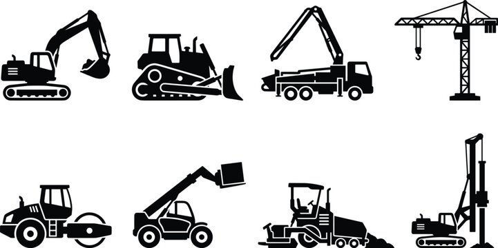 Heavy construction machinery and building equipment silhouette set featuring excavator bulldozer crane concrete pump roller and paver