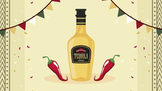 Mexican celebration animation featuring tequila bottle and red chili peppers with festive decorations.