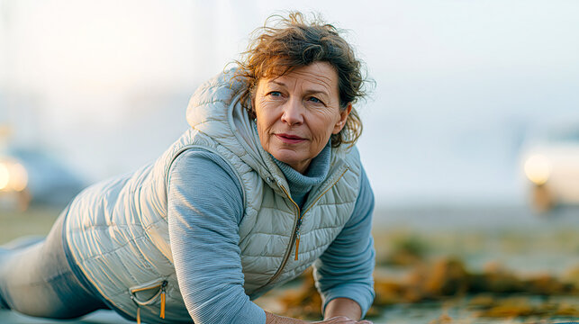Woman exercises on the beach in early morning light with fog covering the background