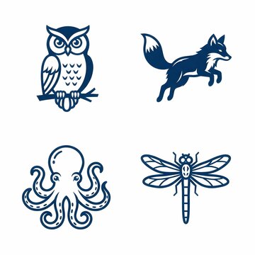 Wild animals line art icons set with owl, fox, octopus, and dragonfly