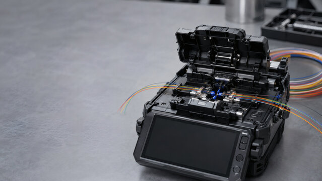 Fusion splicer unit open on a technician work bench with bare optical fibers clamped in the alignment grooves, cool workshop lighting, nobody, copy space.