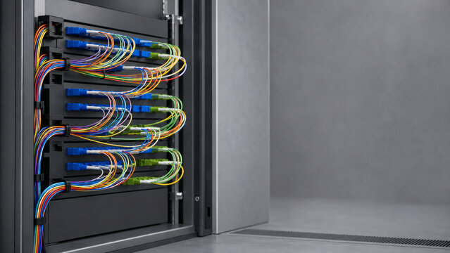 Fiber optic patch panel densely populated with blue and green connectors and looping patch cords inside a telecom cabinet, cool lighting, copy space.