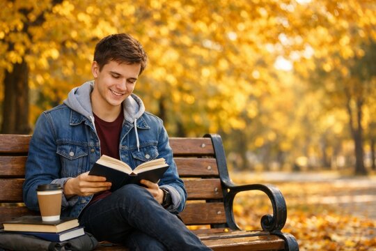 Young man reading book on park bench amid golden autumn leaves with coffee cup for seasonal fall lifestyle background and study scene