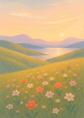 Naklejka premium Serene sunset over floral landscape.