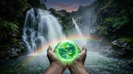 Naklejka premium Human hands holding glowing green earth globe in front of waterfall with holding luminous planet nature conservation