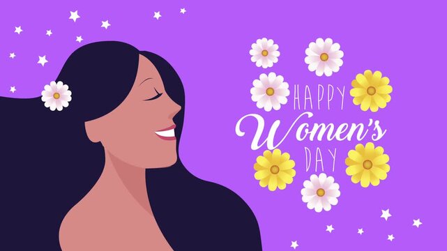 Happy International Womens Day animation with beautiful smiling lady and rotating flowers on purple background.