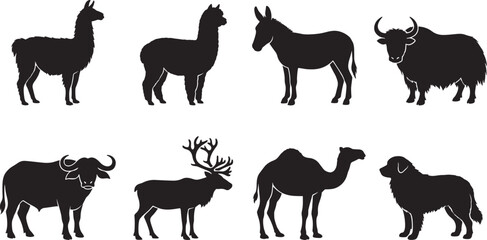 Naklejka premium Domestic and working animals silhouette set featuring llama alpaca donkey yak buffalo reindeer camel and dog