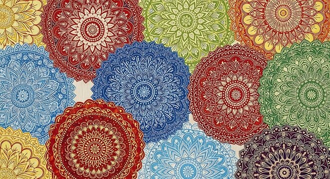 Colorful Ornate Mandala Pattern Arranged on Decorative Textile Background