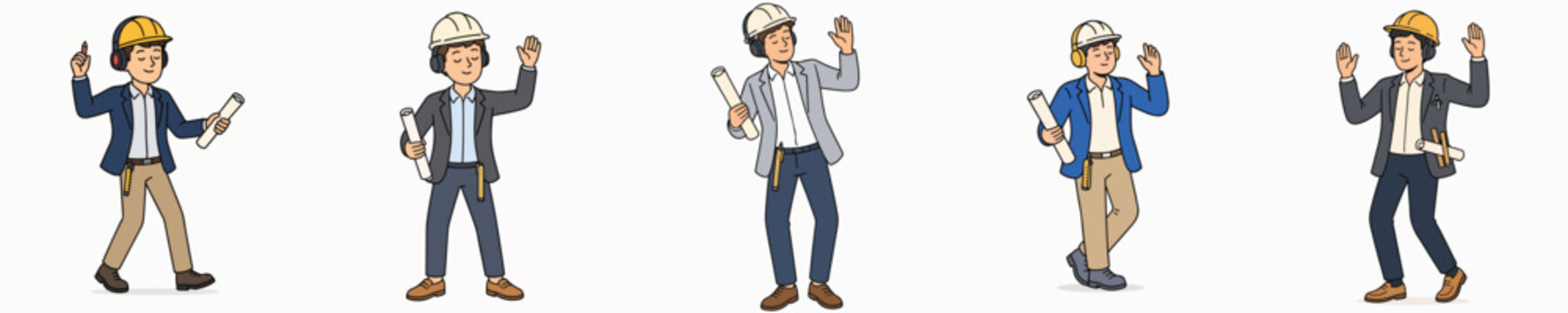 A set of vector illustrations featuring a male architect listening to music with headphones, hands raised in enjoyment.