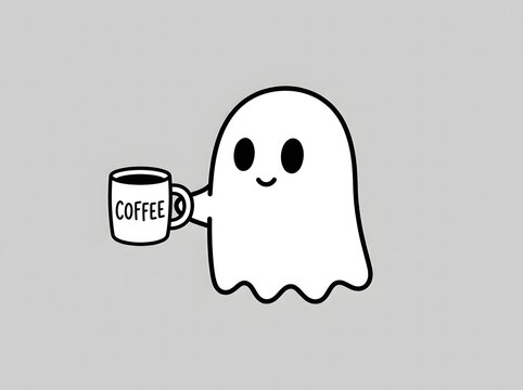 Cute cartoon ghost holding a small coffee cup with coffee text graphic hand drawn black and white