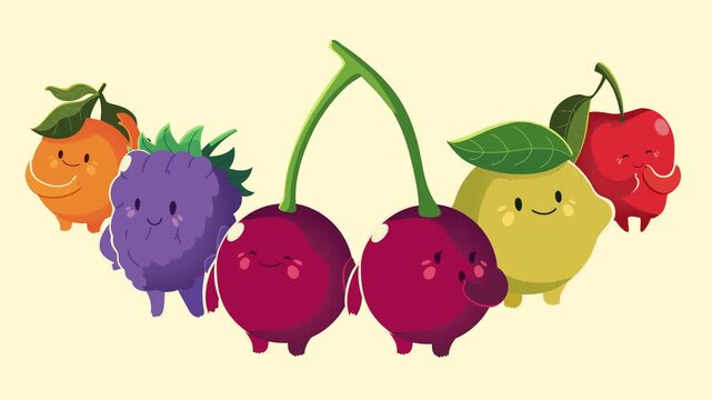 Cute cartoon fruit characters standing together in group including cherries lemon raspberry orange and apple on simple background.