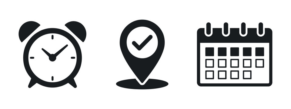Alarm clock location pin and calendar icons in a flat black style