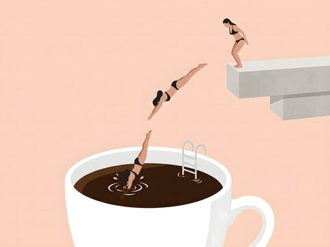 Woman diving from a springboard into a large white coffee cup acting as a swimming pool with wake