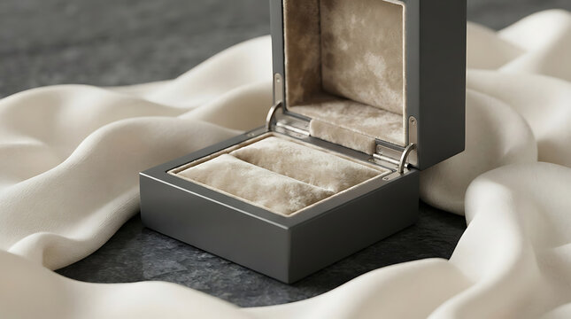 A dark grey, open ring box with a beige velvet interior is nestled within flowing ivory fabric isolated on a transparent background