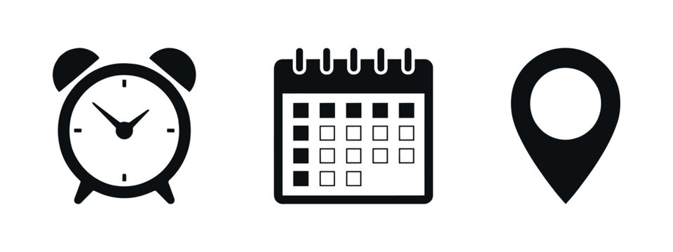 Alarm clock calendar and location pin flat icons represent time and place