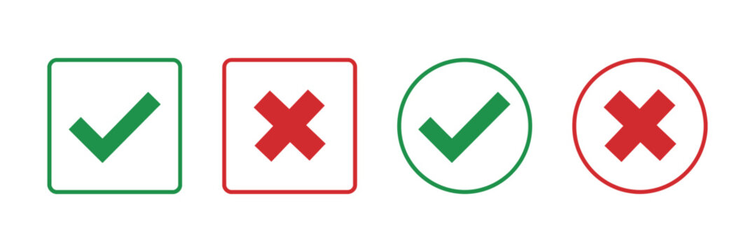 Checkmark and cross symbols within square and circle shapes vector illustration